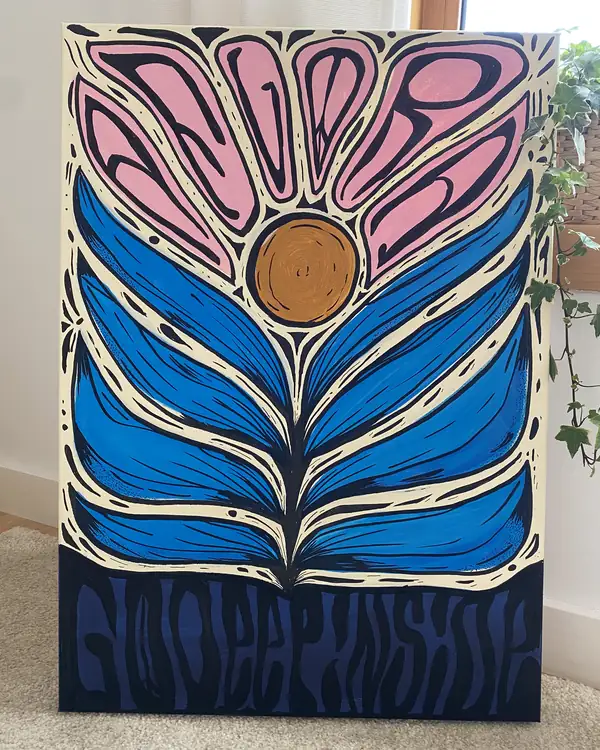 Blue flower and sun on canvas
