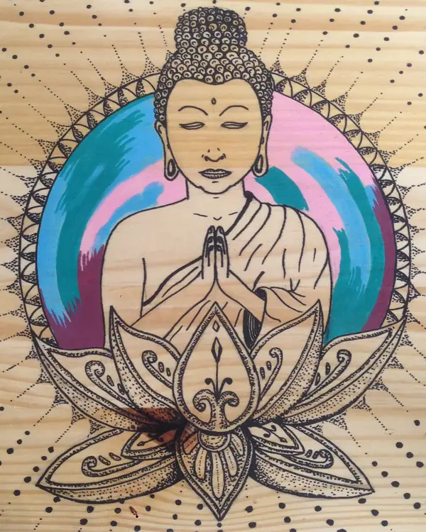 Buddha and lotus, ink and paint on wood
