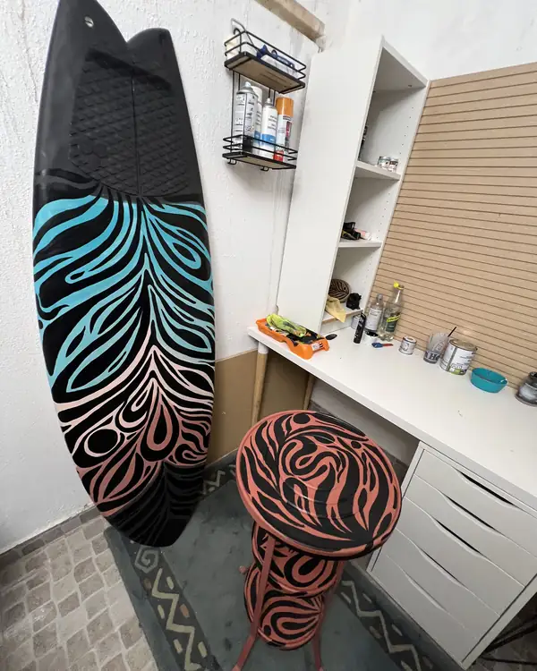 Hand-painted surfboard and stool